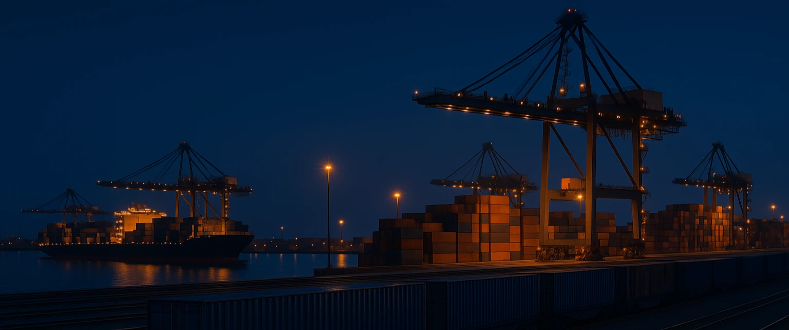 Global trade port with trains and containers at dusk